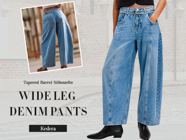 【DEARMINE】Mod Wide Denim Pants Unique Bargains Women's Casual Denim Pants Drawstring