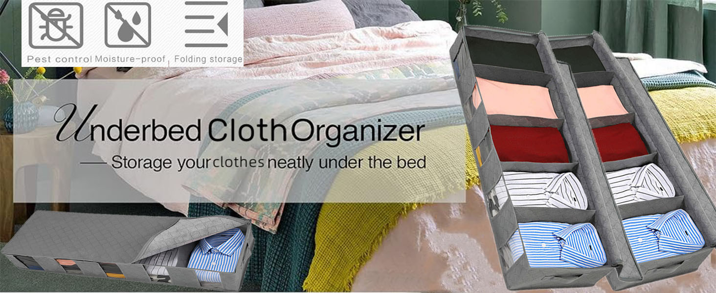 Apstour Under Bed Clothes Organizer Large Adjustable Dividers Storage Bag with 4 Clear Window