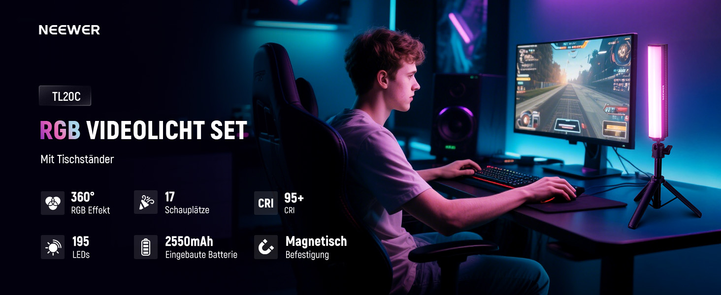 Neewer RGB-Videoleuchte wird verwendet und beleuchtet einen Gamer bei einem Computer-Setup. Die Leuchte ist um 360° verstellbar, verfügt über einen 2500-mAh-Akku und eine Magnethalterung. Farbenfrohe Umgebungsbeleuchtung verbessert die Spielatmosphäre
