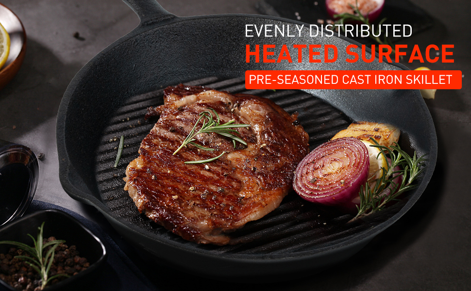 Kerilyn 12 Inch PreSeasoned Cast Iron Skillet With Ridges, Duty Professional