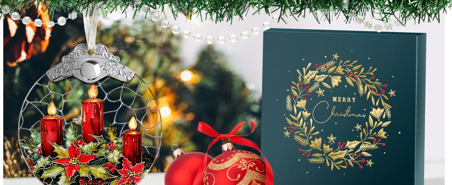 Christmas Candle Suncatcher Stained Glass Window Hanging, Festive Holiday