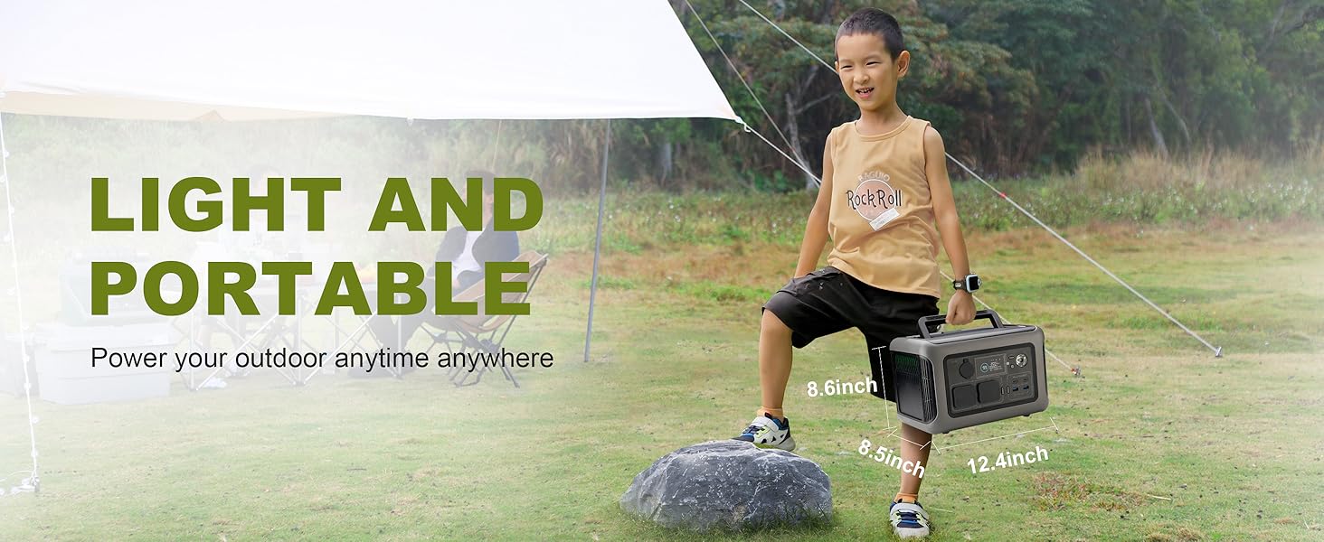 Outdoor scene with a person sitting on a portable chair. Text overlay reads 'LIGHT AND PORTABLE' emphasizing the chair's mobility.