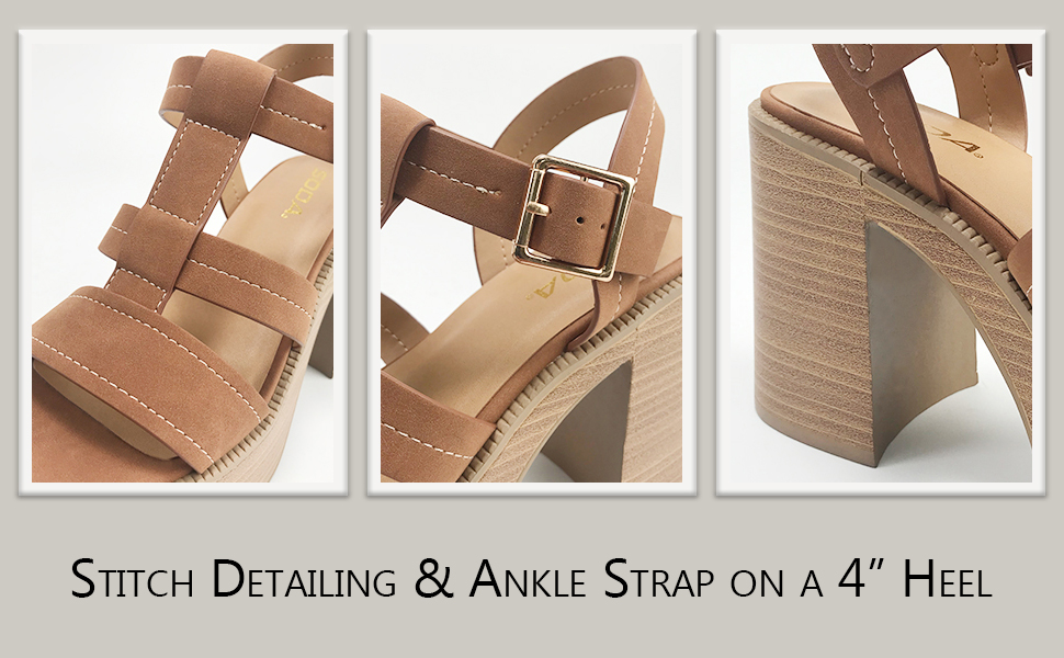 Soda Evolve. Close-ups of stitch detailing & ankle strap on a 4 inch heel.