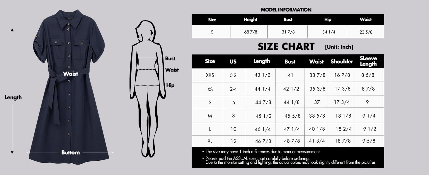 ASSUAL Women's Roll Up Short Sleeve Safari Dress-067