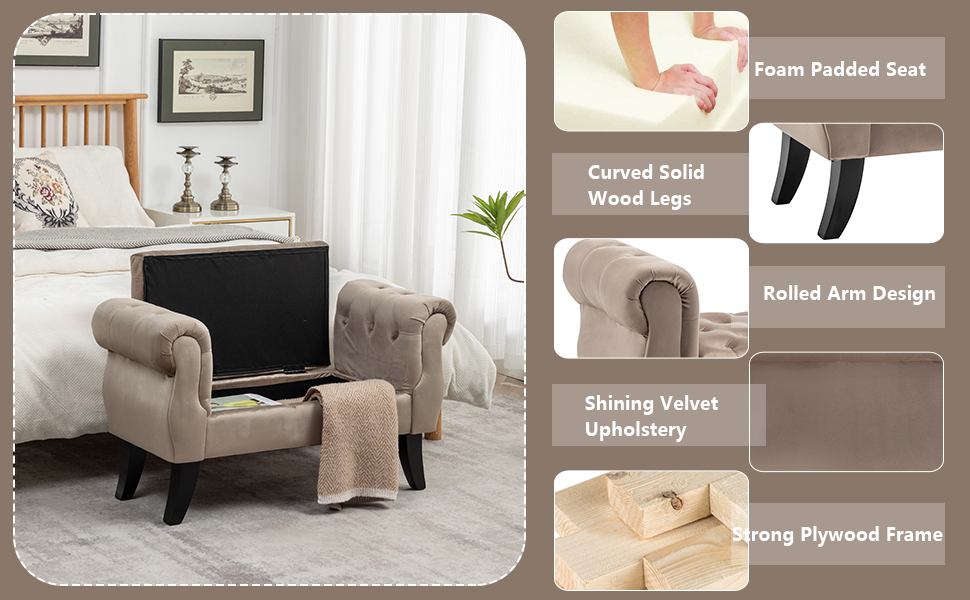 Setawix Rolled Arm Bed Bench with Storage Velvet Cushioned
