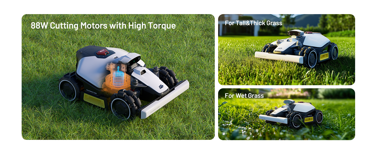 Robotic lawn mower shown in multiple views on grass, featuring high-torque cutting motors and automated operation.