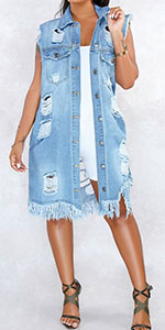 Distressed Sleeveless Long Denim Jacket Vest Frayed Ripped Tassels Jean Jacket 