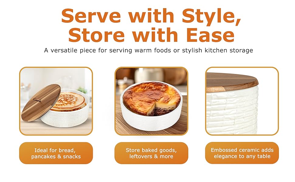 Ceramic Tortilla Warmer with Wooden Lid Tortilla Holder with lid, Insulated Bread Warmer