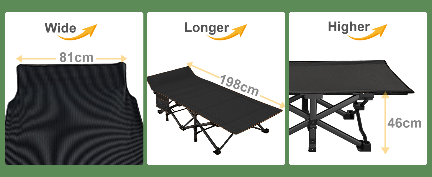 Text reads 'Wide 81cm', 'Longer 190cm', 'Higher 46cm'. Product dimensions diagram showing measurements for what appears to be a black folding furniture item.