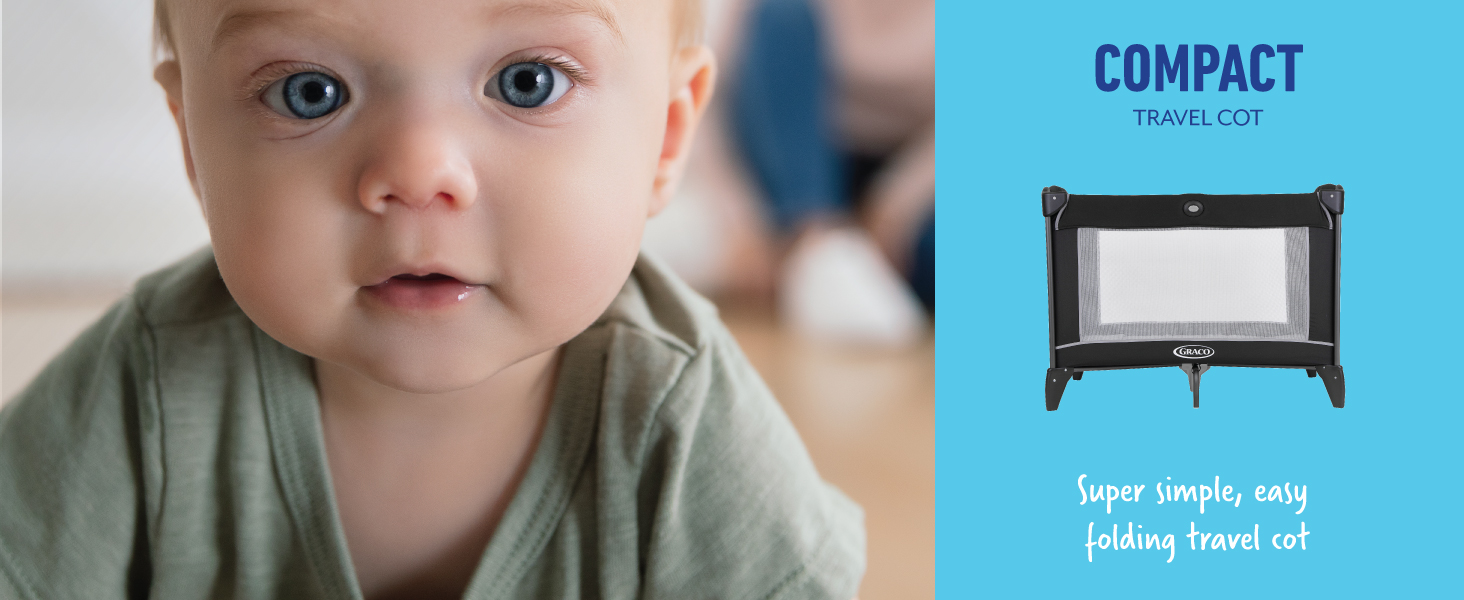 Graco Compact Travel Cot, lightweight with compact fold and carrybag. Suitable from birth to