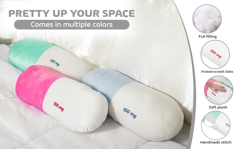 pink green blue chill pill shaped pillow that show 4 feature benefits 