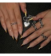 SINHOT Gold French Tip Press On Nails - Long Stiletto Fake Nails, Glossy Finish, Natural Daily Na...