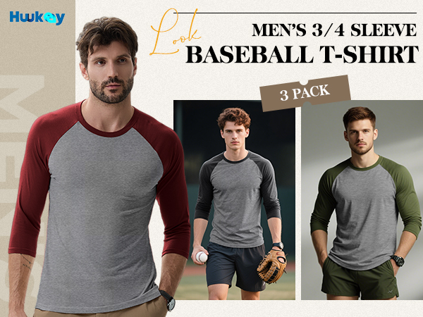 Huukeay 3 Pack Men's 3/4 Sleeve Shirts Cotton Crew Neck