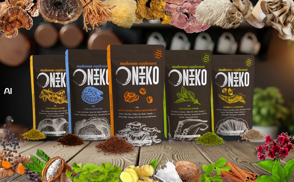 Oniiko Mushroom Supplements in a kitchen environment.