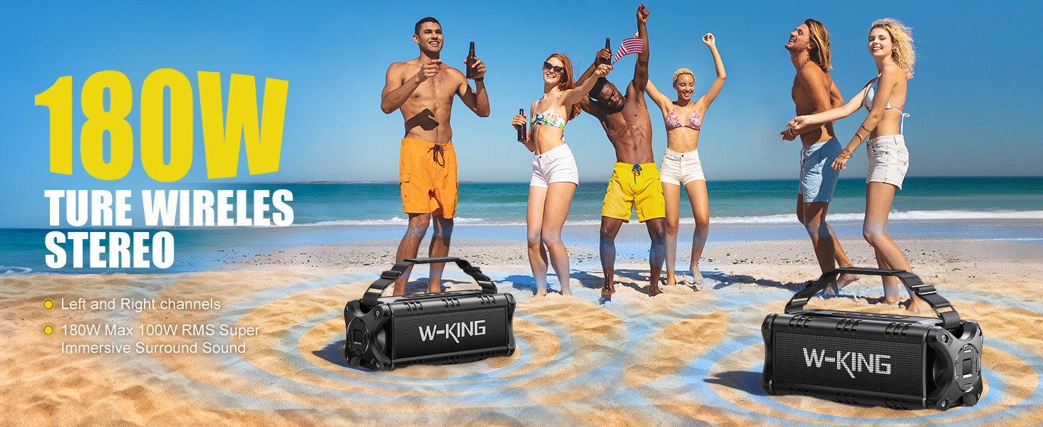 Portable 180W wireless stereo speakers on beach setting, featuring rugged design and outdoor-ready construction.