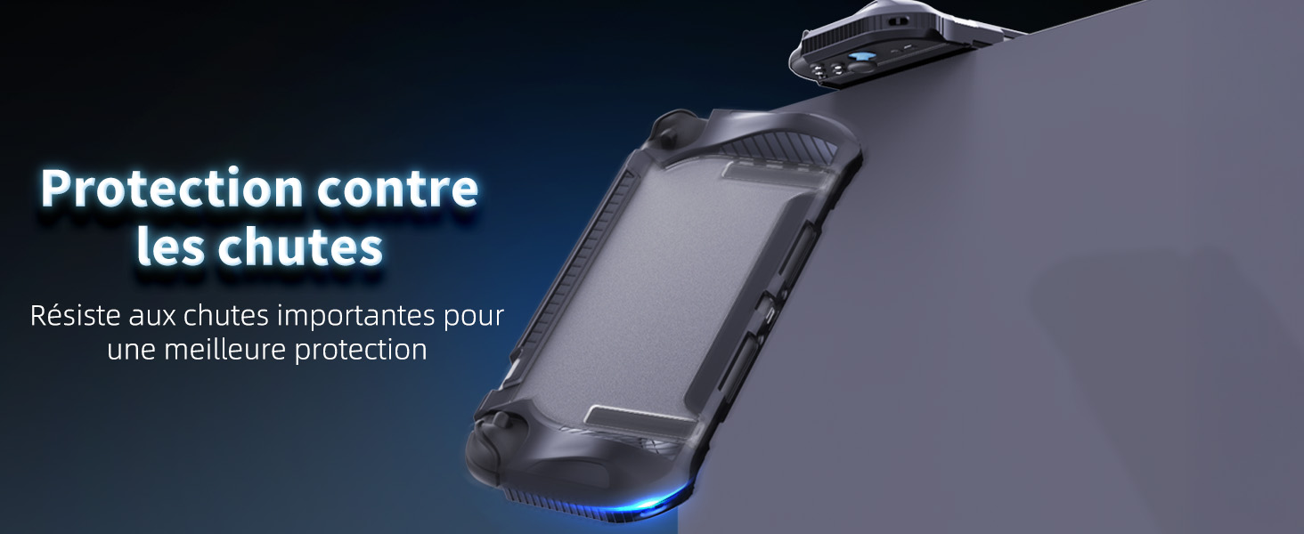 Le texte « Protection contre les chutes » s'affiche sur un écran ou une interface d'écran teinté en bleu.