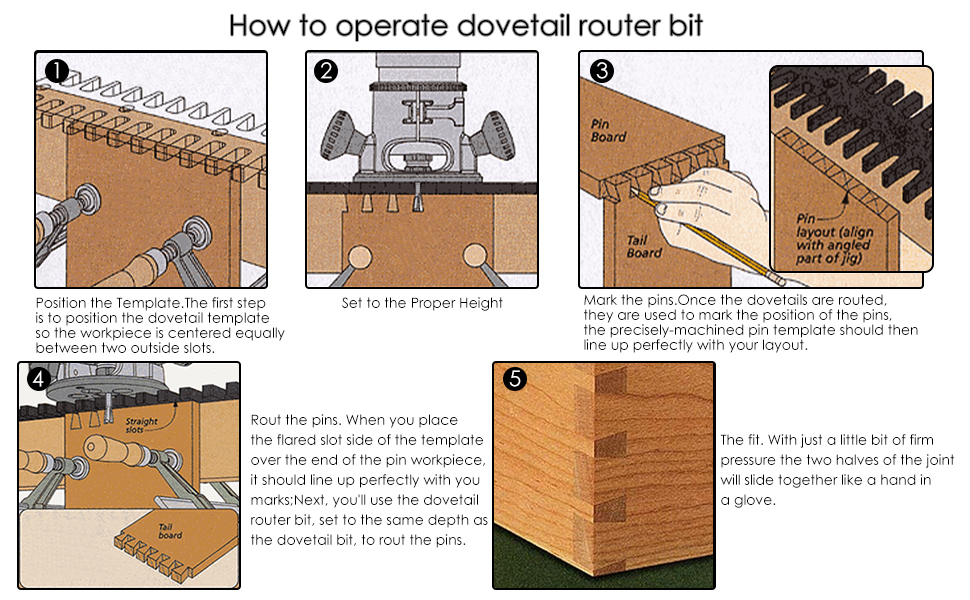 KOWOOD Dovetail Router Bit Set 6 Sizes with 1/4 Inch Shank ,Cutting Dia