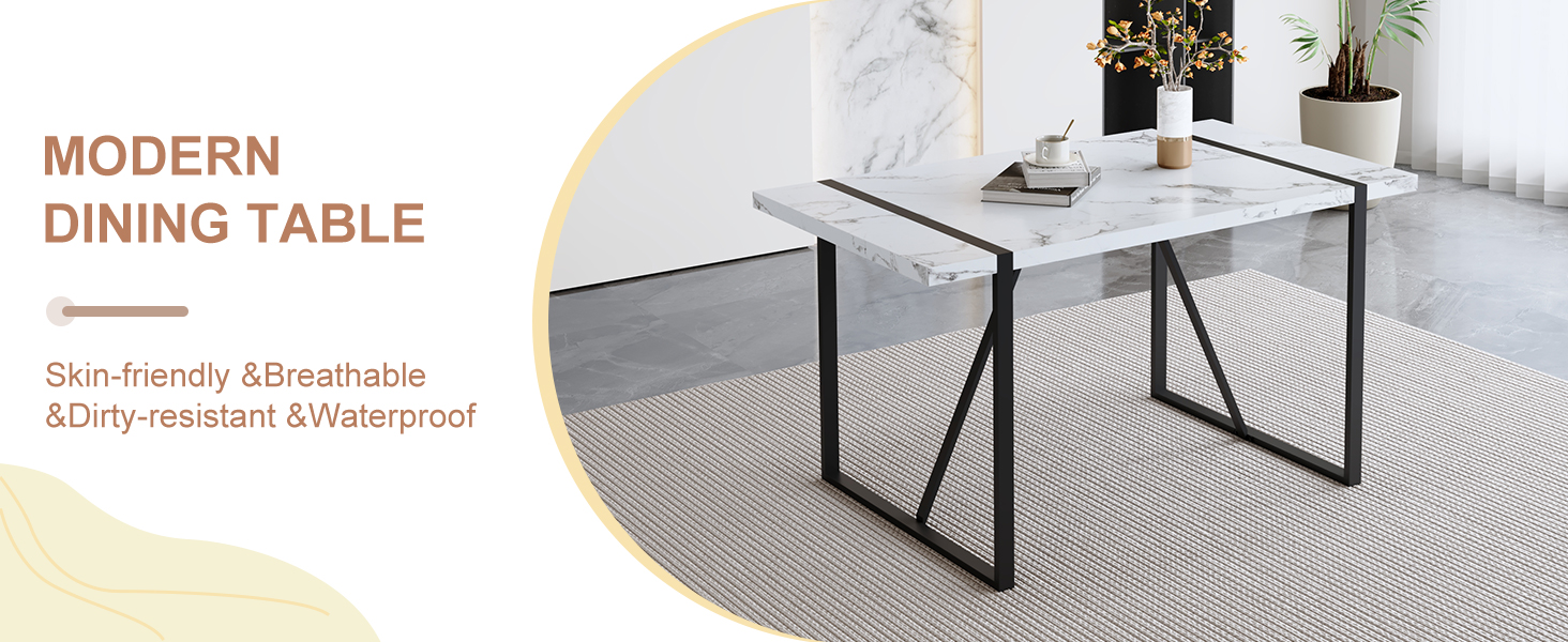 55'' White Dining Table, Modern Kitchen Table, Rectangular