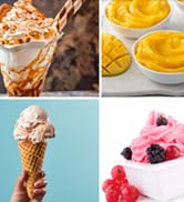 Collage of desserts: caramel sundae with nuts, yellow custard in white ramekins, ice cream cone with scoop, and pink sorbet with berries.