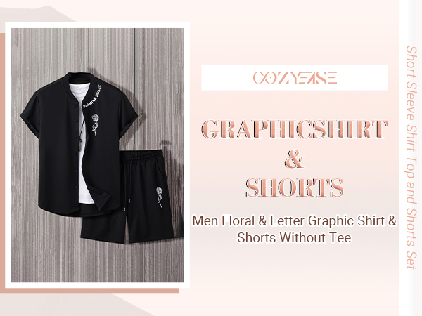 COZYEASE Men's 2 Pieces Floral Letter Graphic Print Button