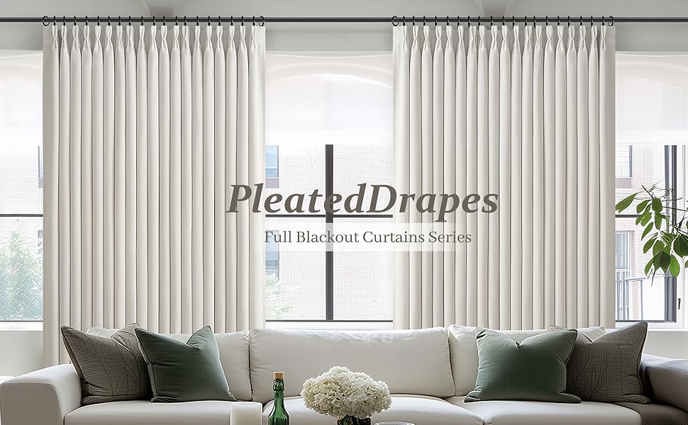 PleatedDrapes Full Blackout Beige White Curtains