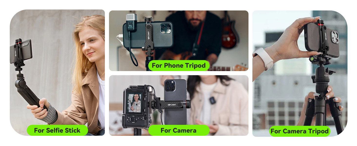 Multi-panel image showing various mounting positions and uses of a camera or device holder, including car dashboard and window mounting options.