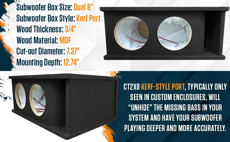 CT Sounds CT2X8 Dual 8” Kerf Port UniversalFit Car Subwoofer Box Electronics
