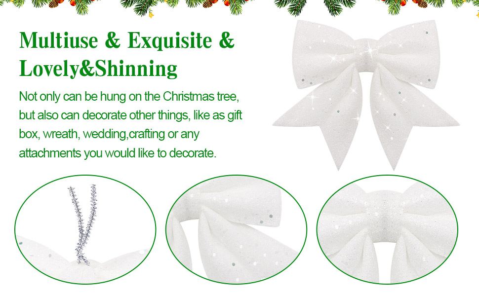 MOTONG 12 PCS White Christmas Bows, 5.9 x 4.7inch Glitter Powder