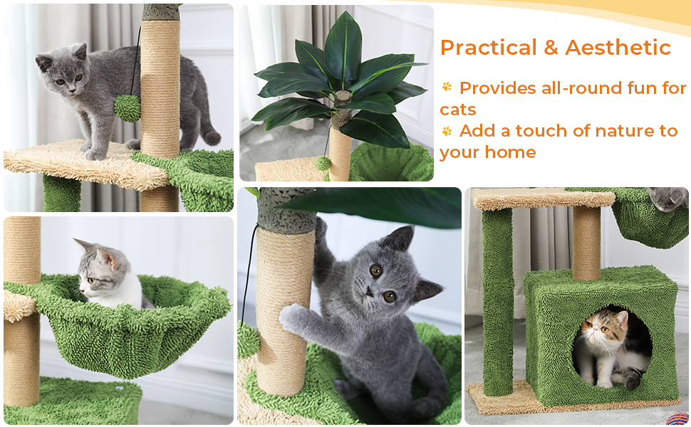 MSmask Cat Tree with Square Condo, Artificial Palm Tree