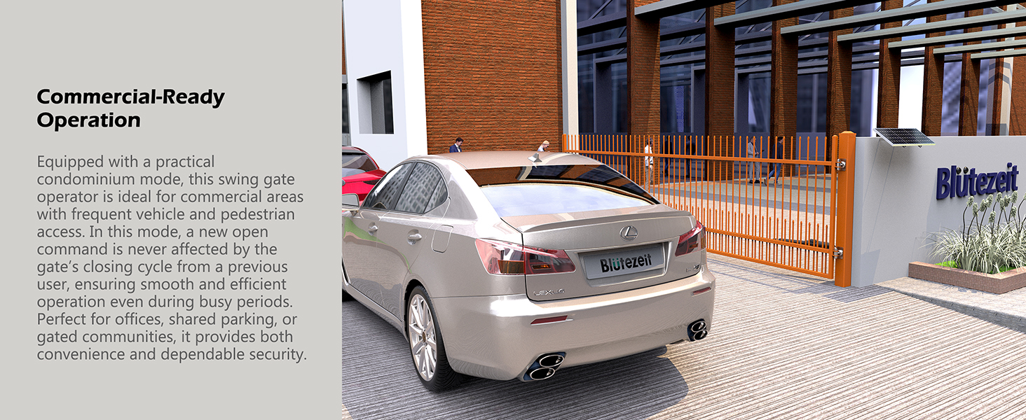 Commercial swing gate opener for condominiums, offices, parking lots, and business access control