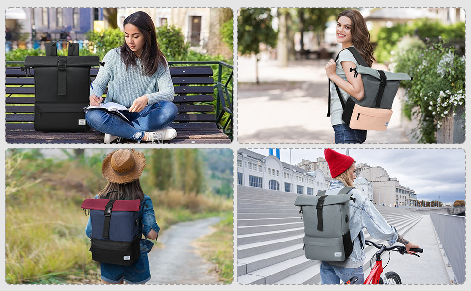 Collage de quatre photos de style de vie montrant un sac à dos moderne utilisé pour lire, marcher, faire de la randonnée ou à vélo en milieu urbain.