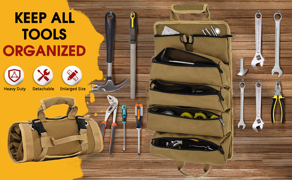 BQKOZFIN Roll Up Tool Bag, Heavy Duty Roll Up Tool Bag Organizer with 2