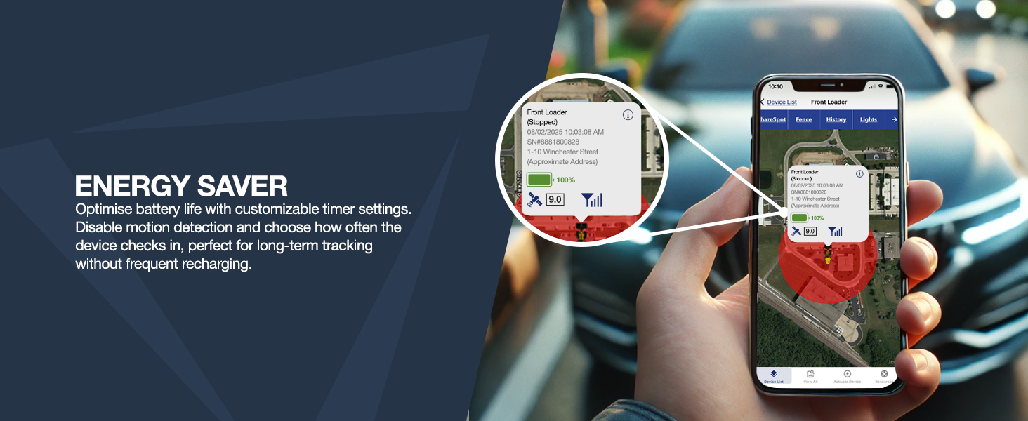 Text reads 'ENERGY SAVER'. Shows smartphone displaying app interface alongside circular device mounted in car dashboard.