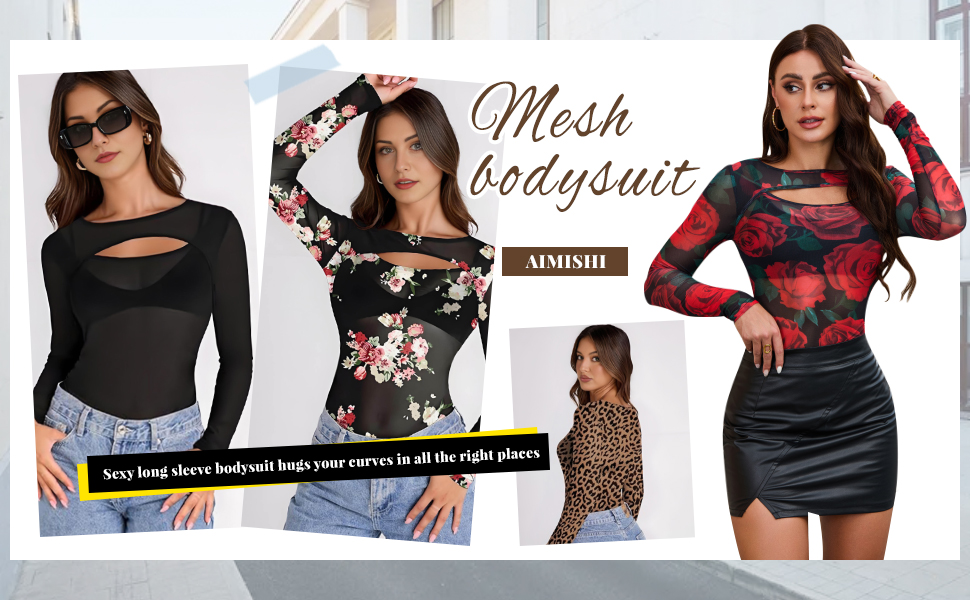 AIMISHI Sexy Mesh Long Sleeve Bodysuit for Women Cutout