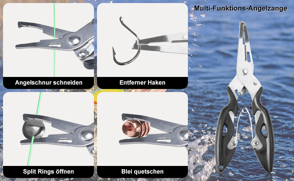 Multifunktions-Angelzange mit silbernem Metallgehäuse und schwarzen Griffen. Abgebildet ist die Schnittlinie, das Entfernen der Haken, das Öffnen der Spaltringe und das Crimpen der Bleigewichte. Das größere Bild zeigt eine Zange vor