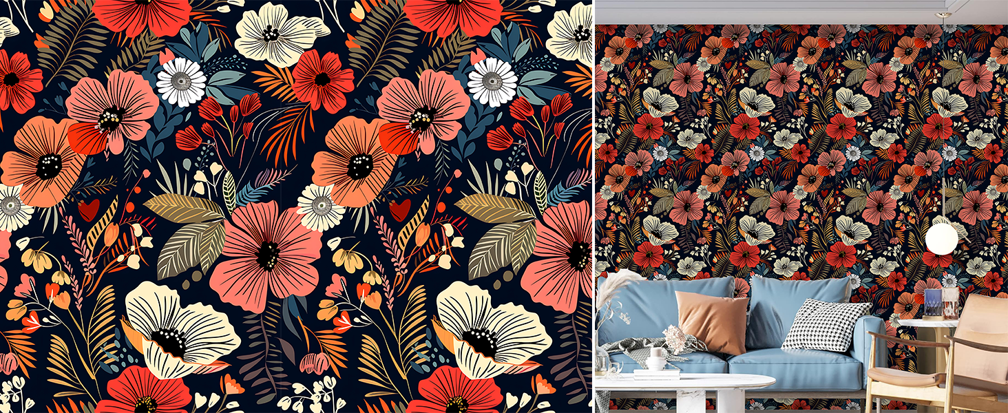 LwenSnow Black Peel and Stick Floral Wallpaper Watercolour Red Boho