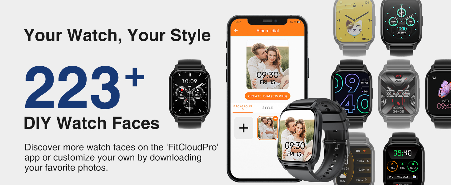 Smartwatch advertisement showcasing 223+ customizable watch faces. Multiple watch designs displayed alongside smartphone app interface for personalization.