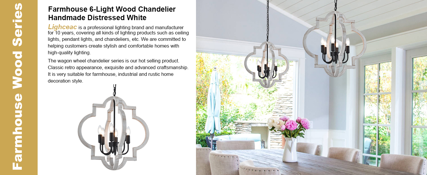 Farmhouse 6-Light Wood Chandelier Light Fixture White