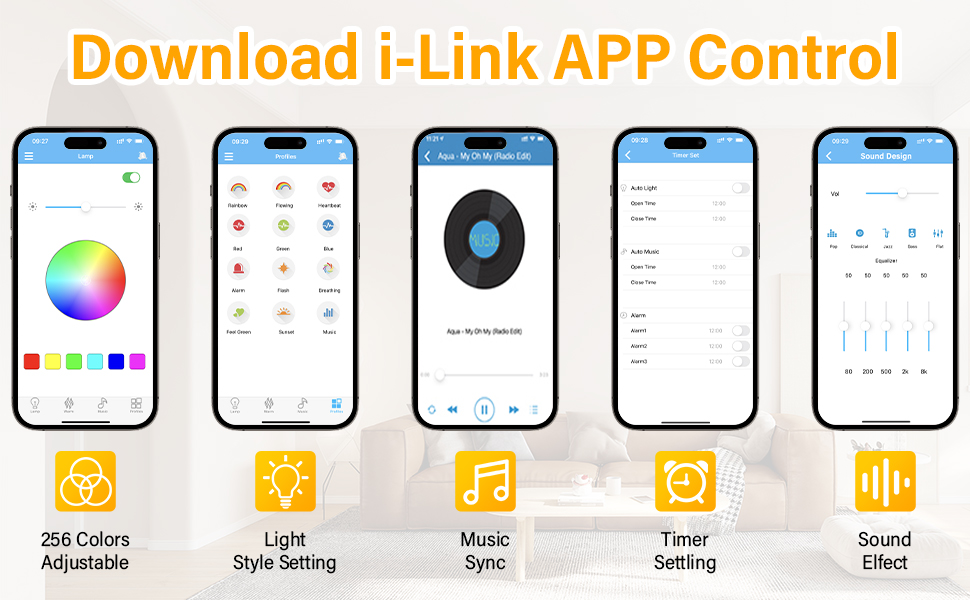 Mobilappgränssnitt som visar i-LINK APP Control-funktioner med fem skärmar som visar färgval, ljusinställningar, musiksynkronisering, timer och ljudeffek