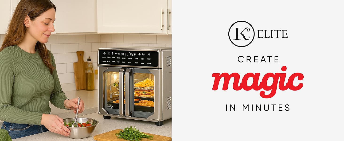 Woman using black air fryer to cook vegetables. Text: Create magic in minutes