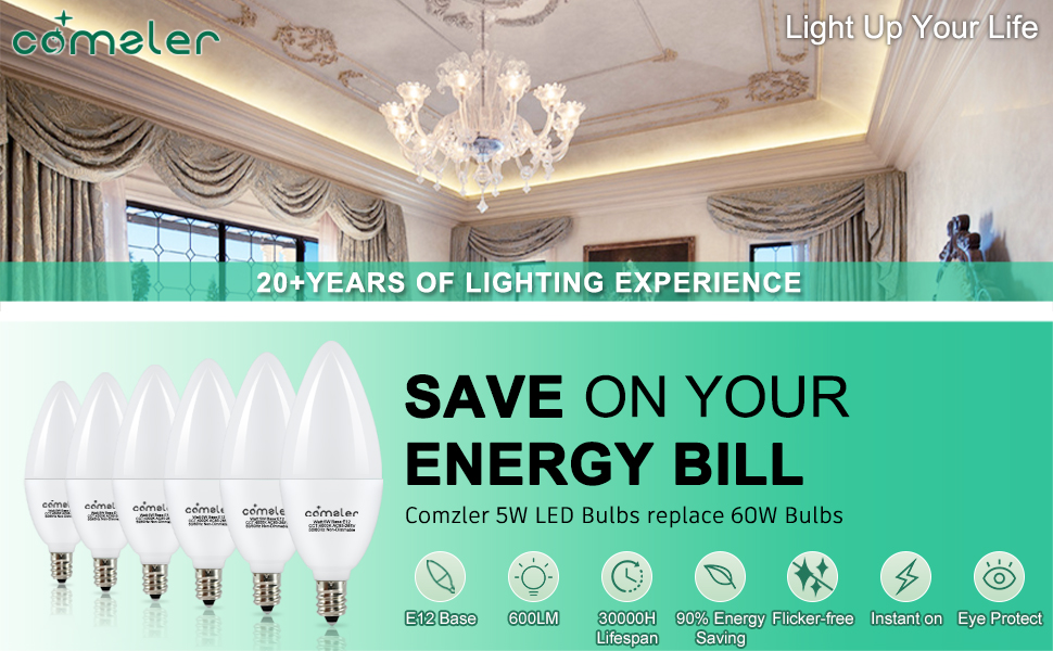 comzler E12 LED Bulb Candelabra Base, Type B LED Bulb 60 Watt Equivalen