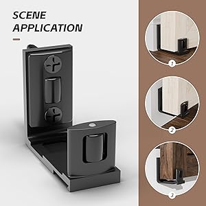 Adjustable floor guide for sliding doors. Black metal L-shaped bracket with movable center piece. Three circular images show installation on different floor types.
