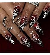 SINHOT Stiletto Press on Nails - Long Fake Nails, Glossy Finish, Gothic Black Red Ombre & Spider ...