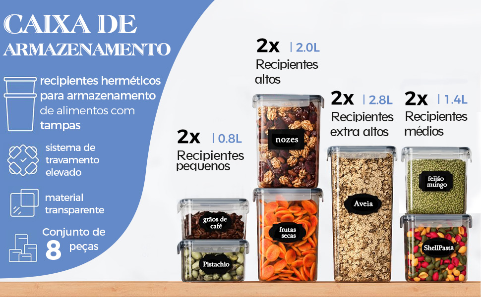 Kit 8 Potes Tampa Hermético Porta Alimentos Mantimentos Armário Cozinha