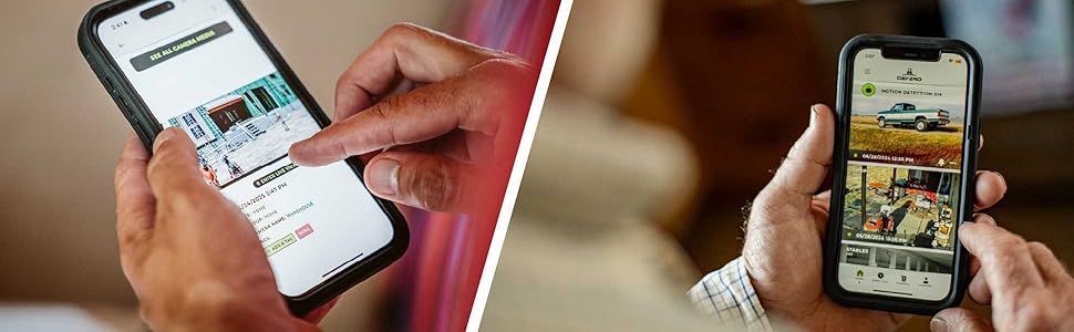 Person using the Defend app to view live 360° camera feed and adjust settings remotely.