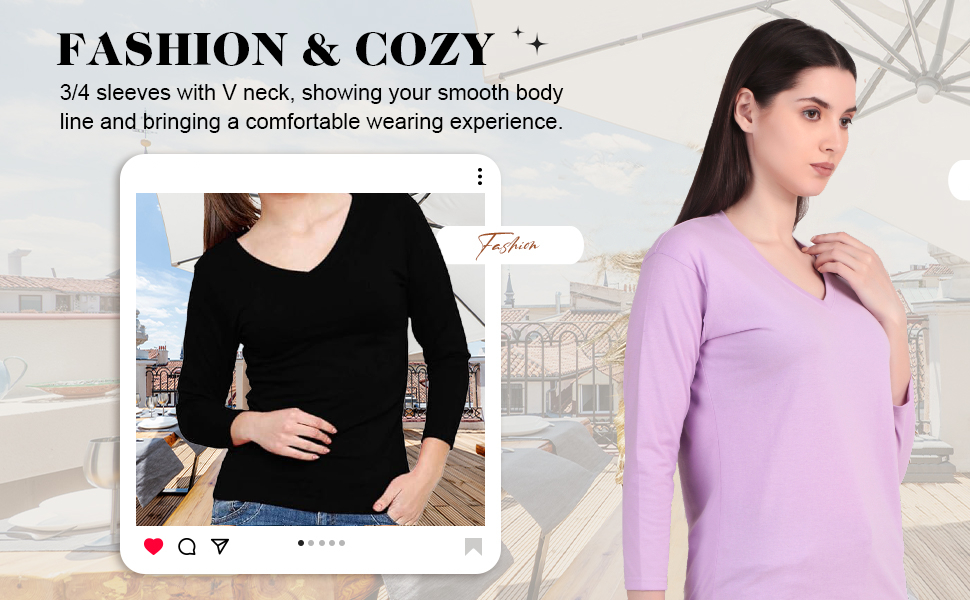 Sundish Women's 3/4 Sleeves Regular Fit V-Neck Cotton T-Shirt