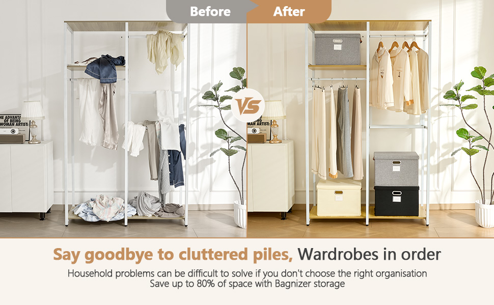 Organized closet interior showing hanging clothes, storage solutions, and minimalist design with plants.