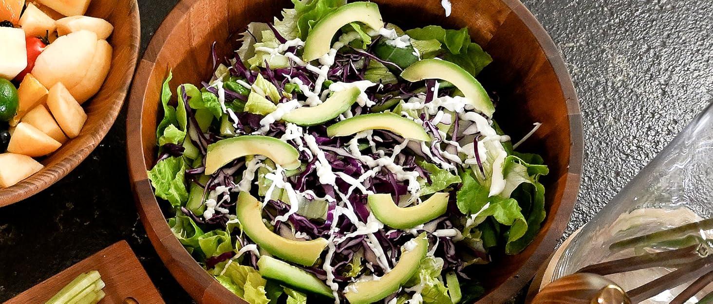 BILL.F Wooden Salad Bowl, 12'' Acacia Wood Salad Bowls Set