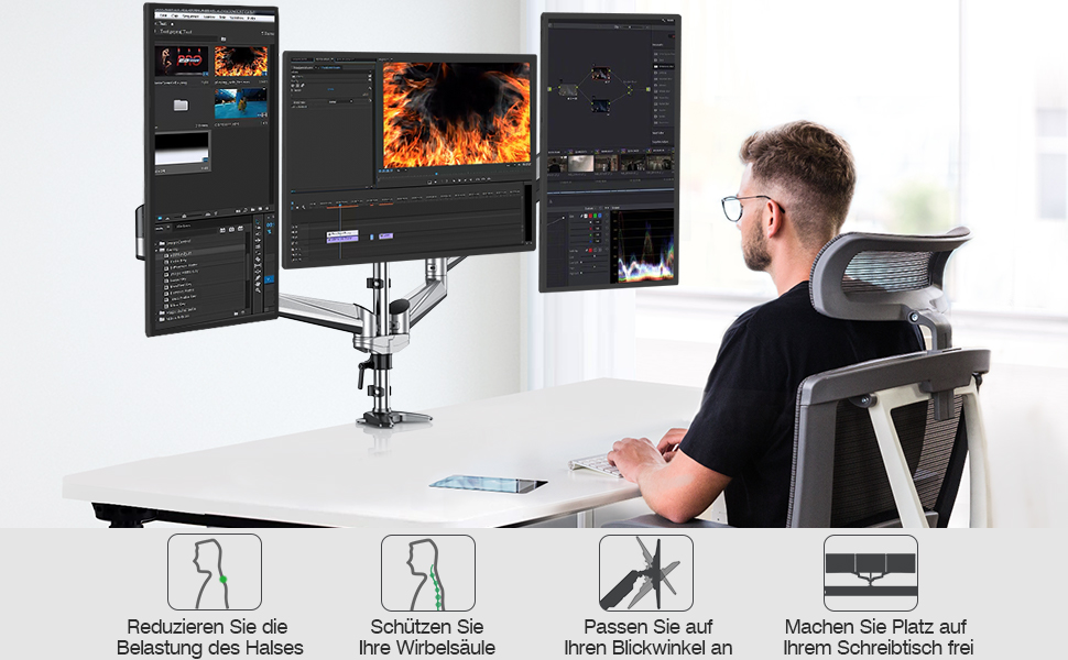 HUANUO Monitor Halterung 3 Monitore für 1332 Zoll Gebogene Bildschirme, höhenverstellbare