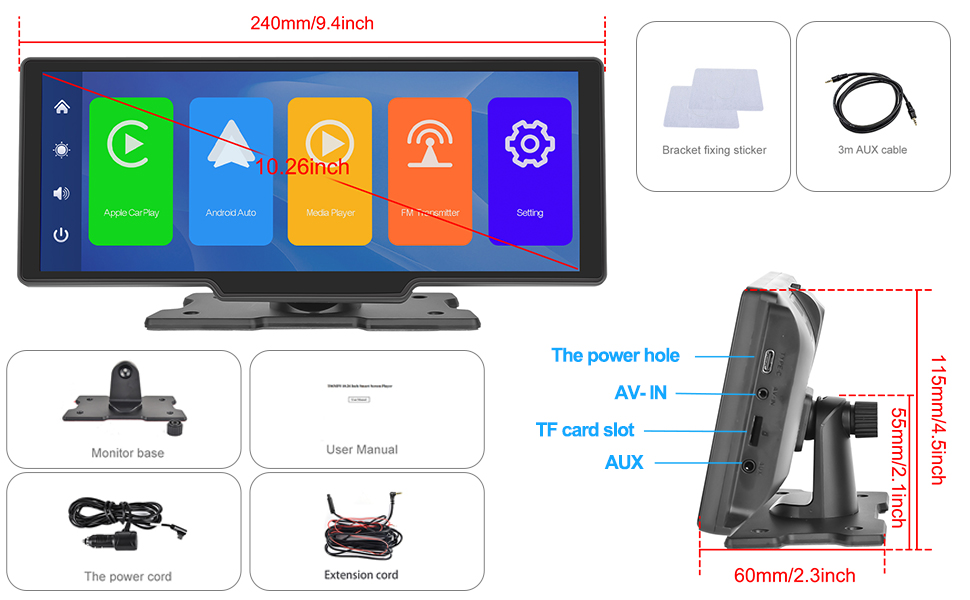 10.26" Wireless Carplay & Android Auto Portable Car Stereo with Bluetooth Hands-Free Car Radio with Google and Siri Assistant, HD IPS Touchscreen, AUX and FM Transmitter 35 front and rear dash cam with night vision dash cams for cars reverse camera rear view camera